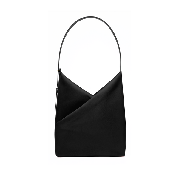 Lux & Nyx Origami Hobo Bag in black, front view, showing the signature geometric origami fold and single curved shoulder handle.