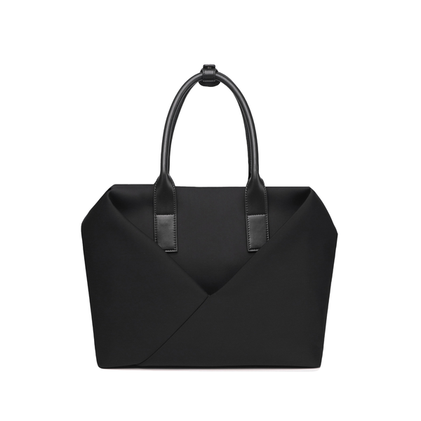Lux & Nyx black handbag with a geometric V-shaped envelope front panel and dual top handles.