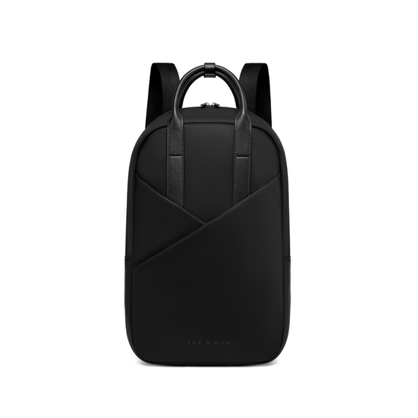 Origami Slim Backpack straight-on front view, black nylon with structured silhouette