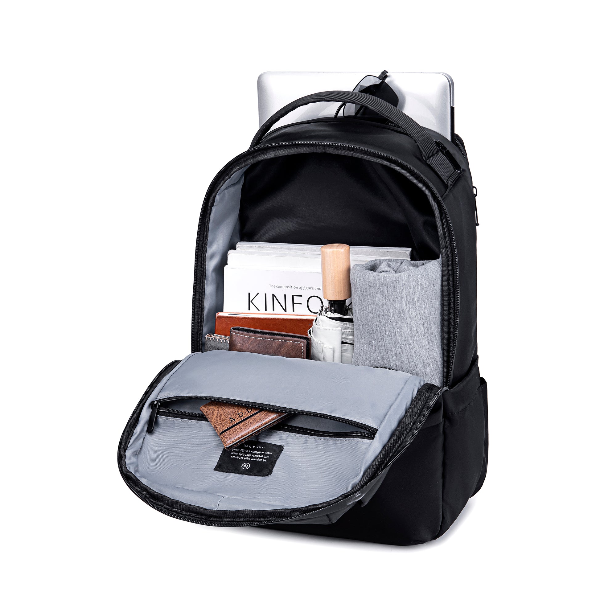 Lux & Nyx Origami Backpack - 16" Laptop Backpack With Trolley Strap - Black - Backpack Quarter View of Internal Compartments With Backpack Contents