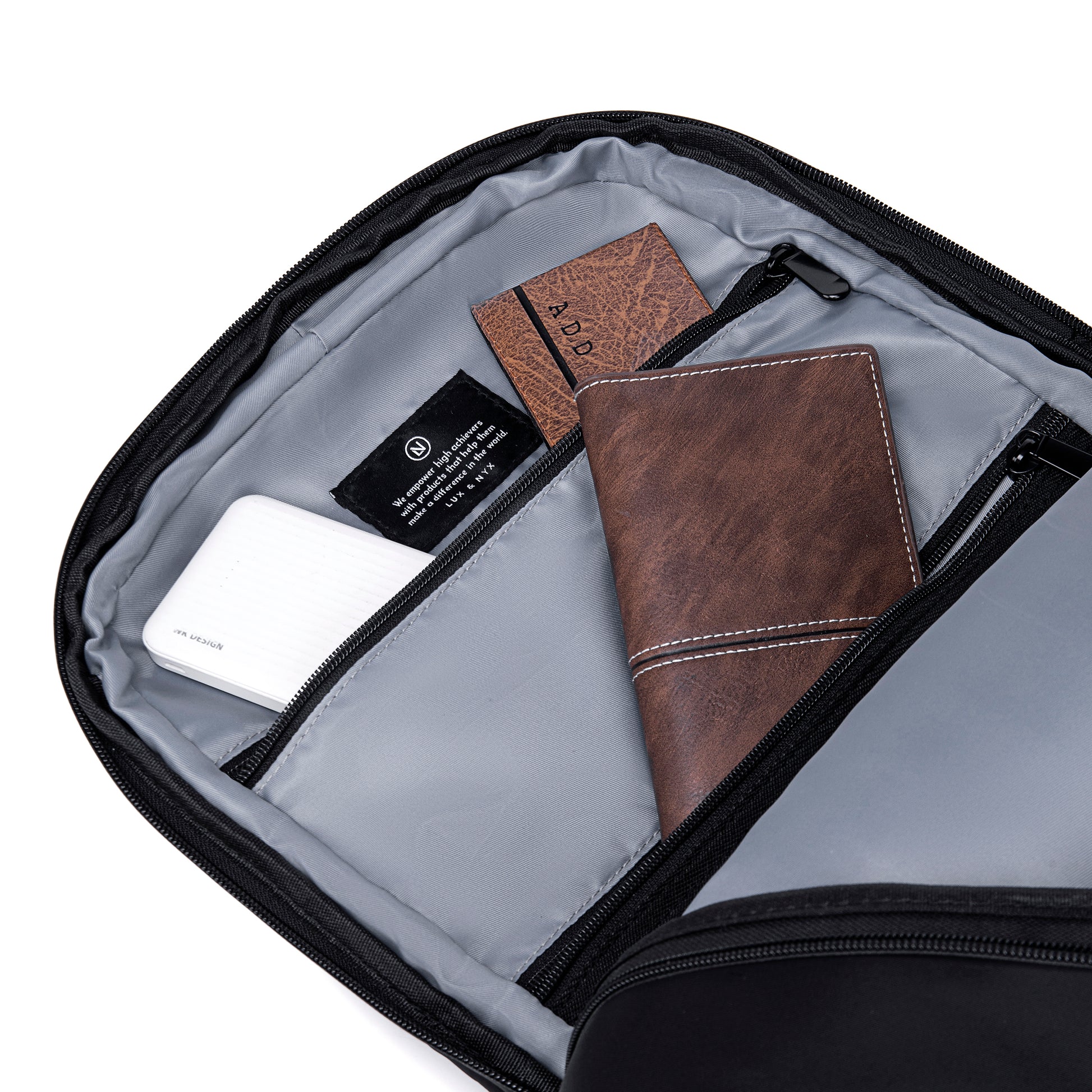 Lux & Nyx Origami Backpack - 16" Laptop Backpack With Trolley Strap - Black - View of Internal Zippers with Zipper Contents