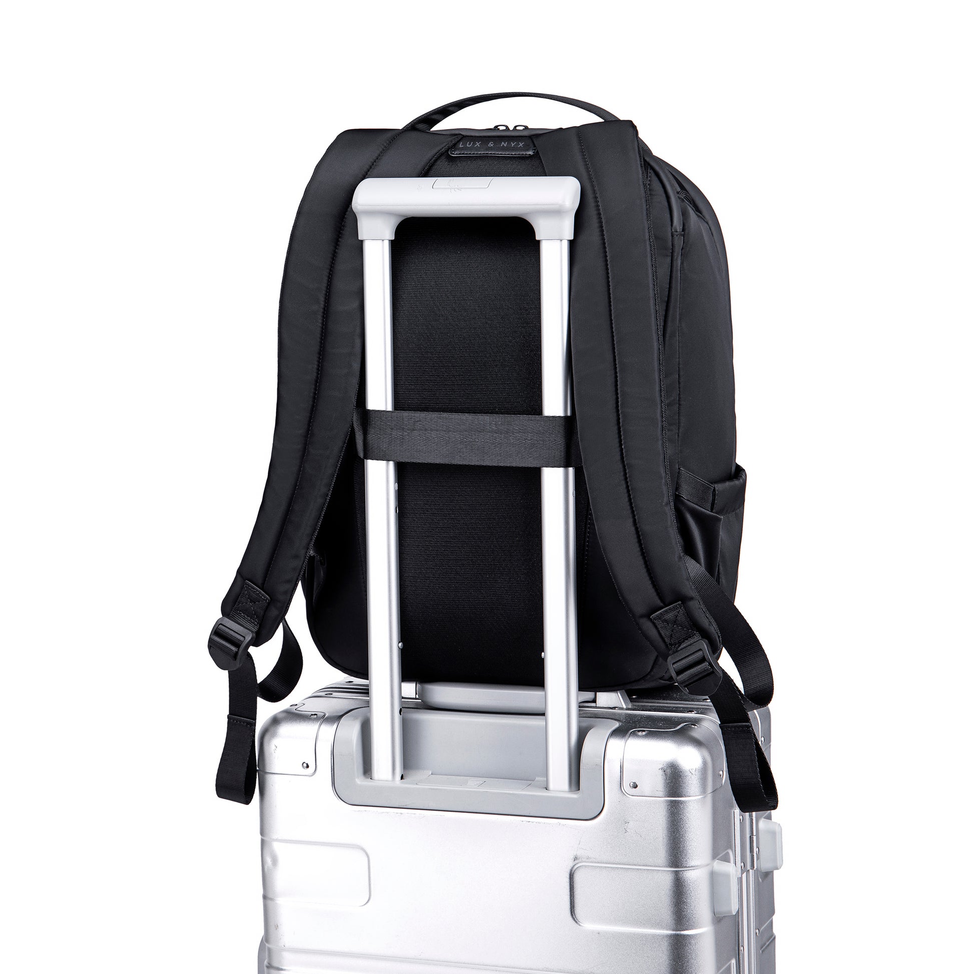 Lux & Nyx Origami Backpack - 16" Laptop Backpack With Trolley Strap - Black - Backpack Slipped Onto Luggage Trolley