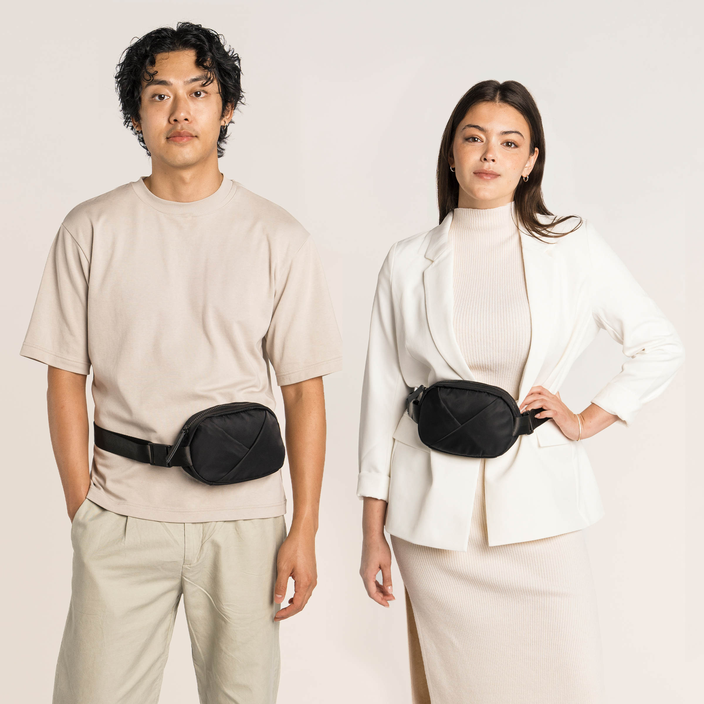 Lux & Nyx Origami Belt Bag and Sling Bag - Black - Male and Female Model Wearing The Belt Bag In Belt Bag Mode