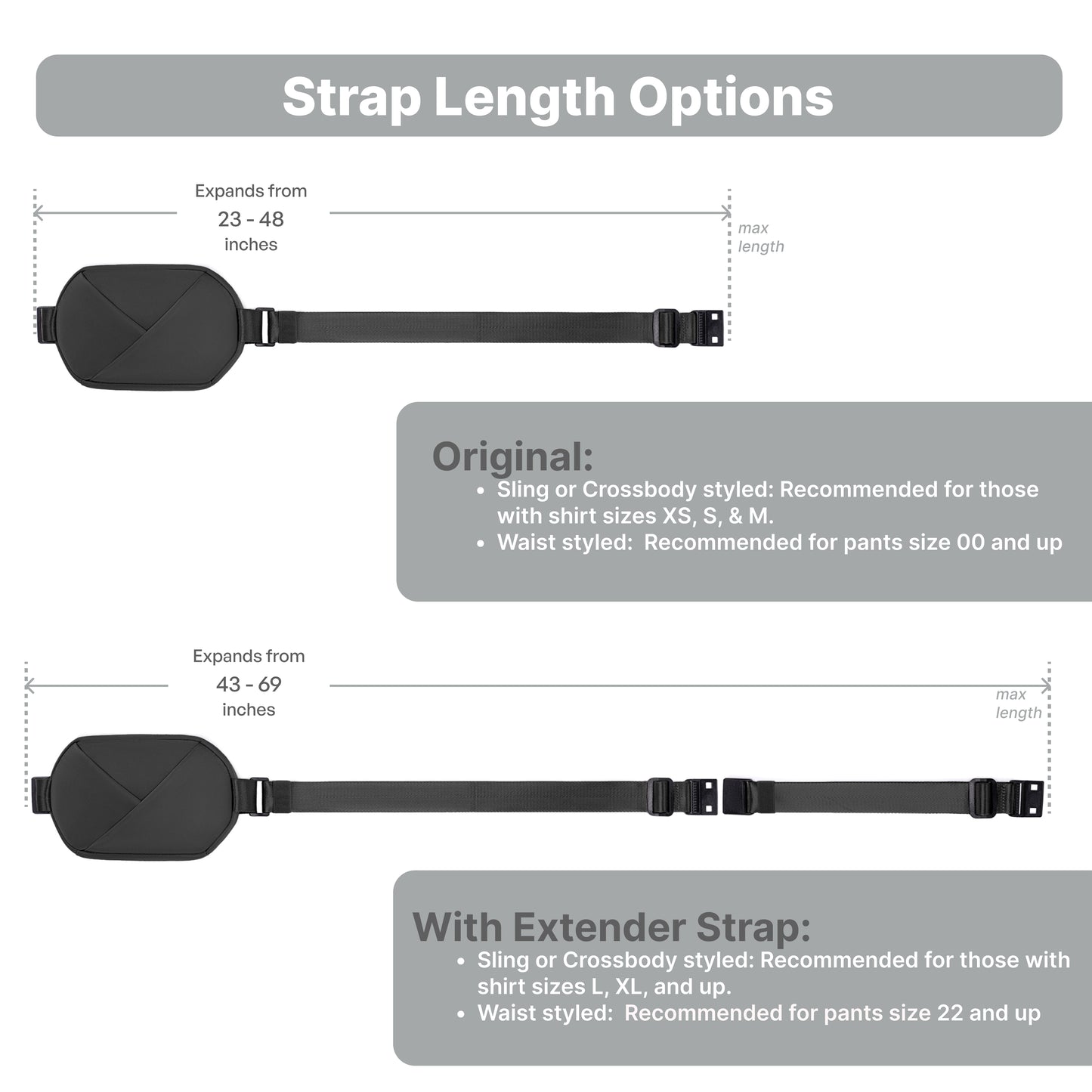 Diagram showing strap length options with measurements and styling recommendations black.