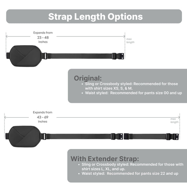 Diagram showing strap length options with measurements and styling recommendations black.