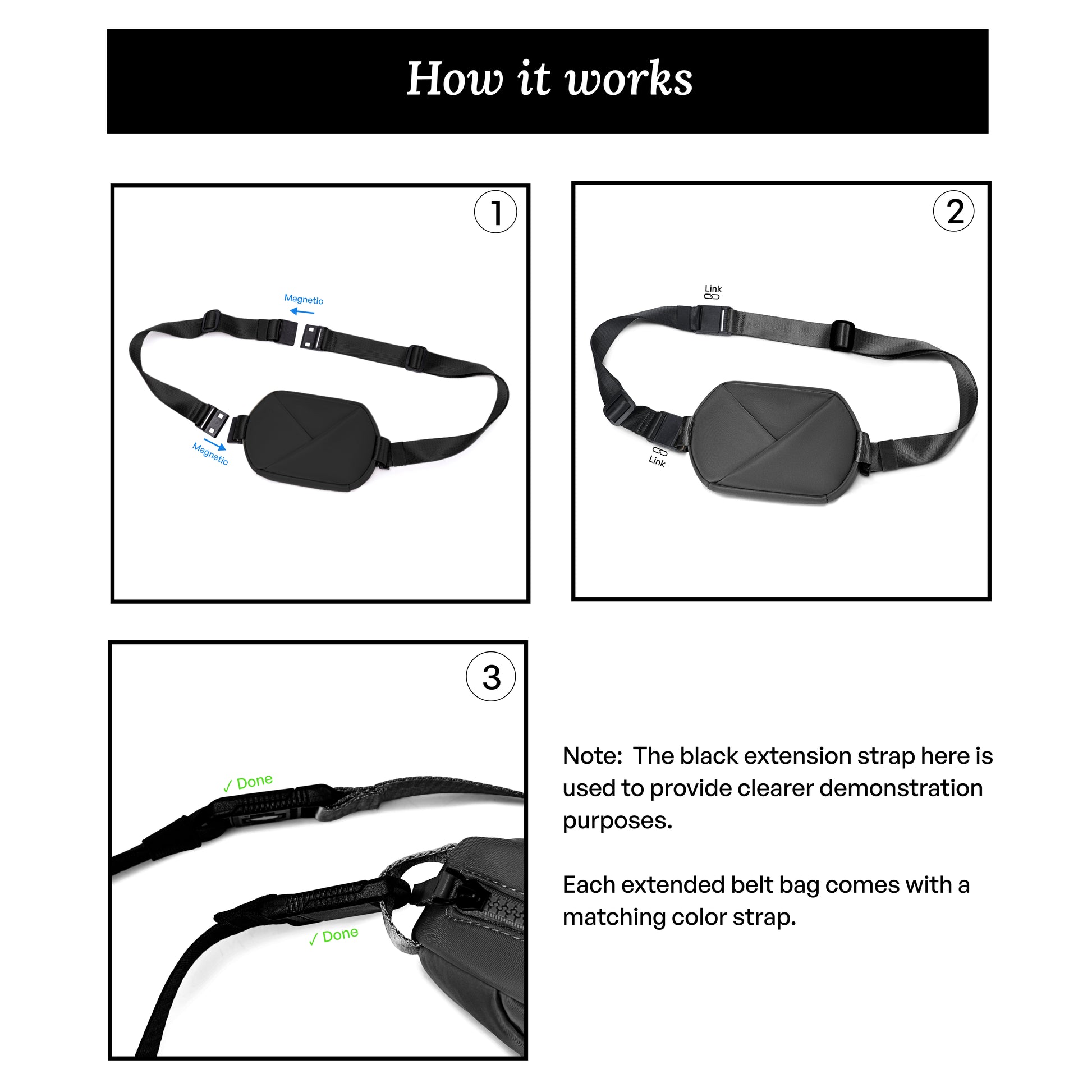 Instructions on how to use a black belt bag with an extension strap.