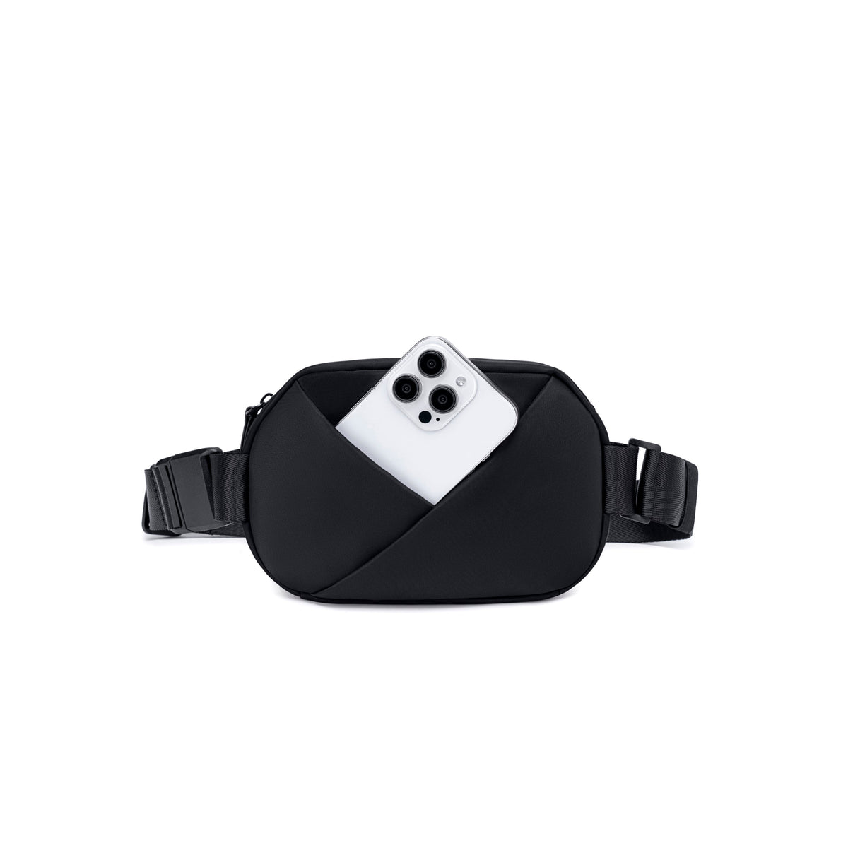 Lux & Nyx Origami Belt Bag and Sling Bag - Black - Front View with A Cellphone Inside The Outside Phone Pocket