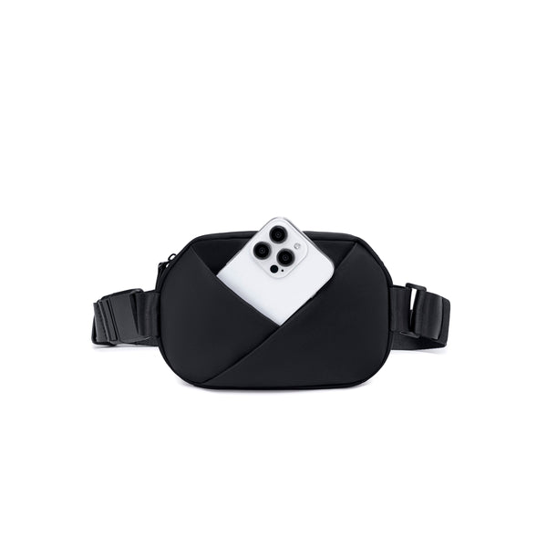 Lux & Nyx Origami Belt Bag and Sling Bag - Black - Front View with A Cellphone Inside The Outside Phone Pocket