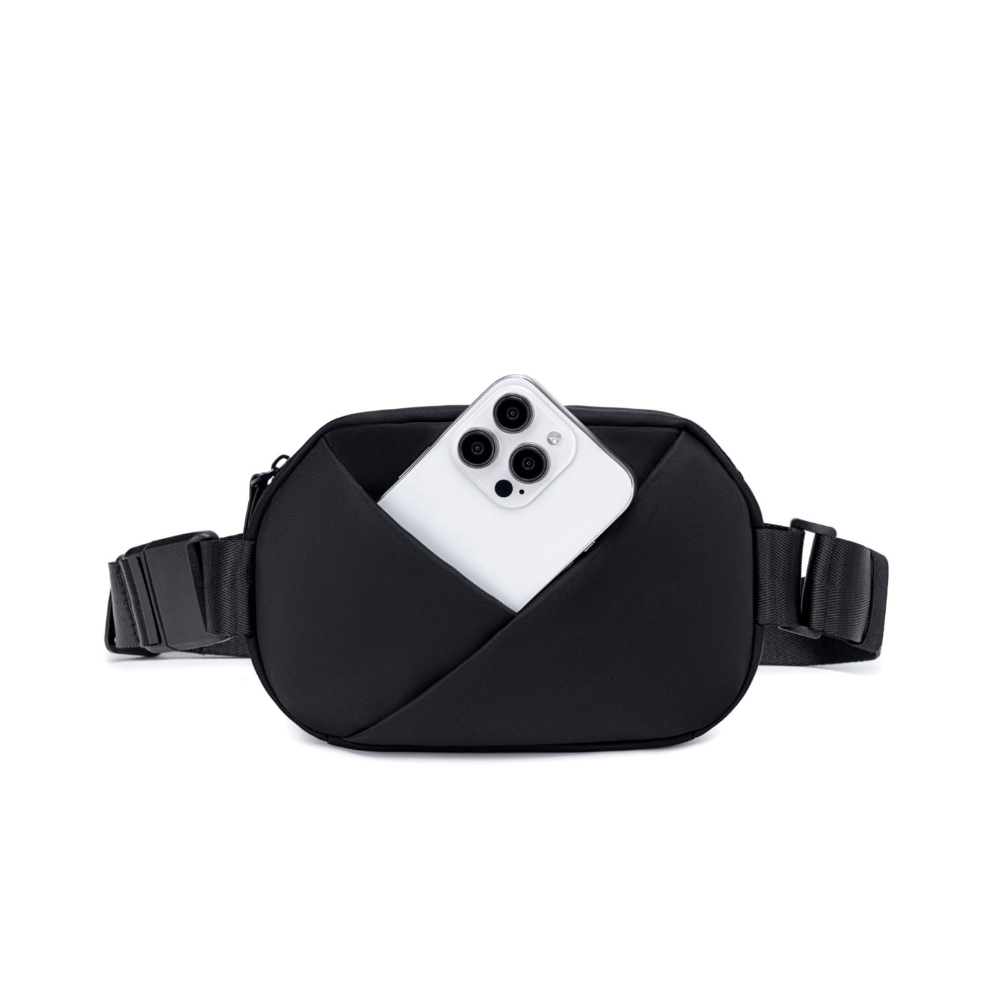 Black waist bag with a phone inside.