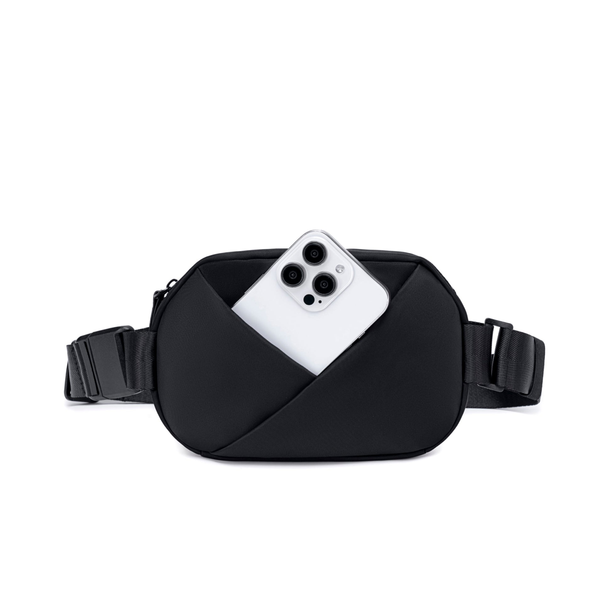 Black waist bag with a phone inside.
