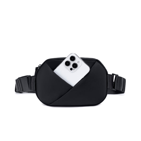 Black waist bag with a phone inside.