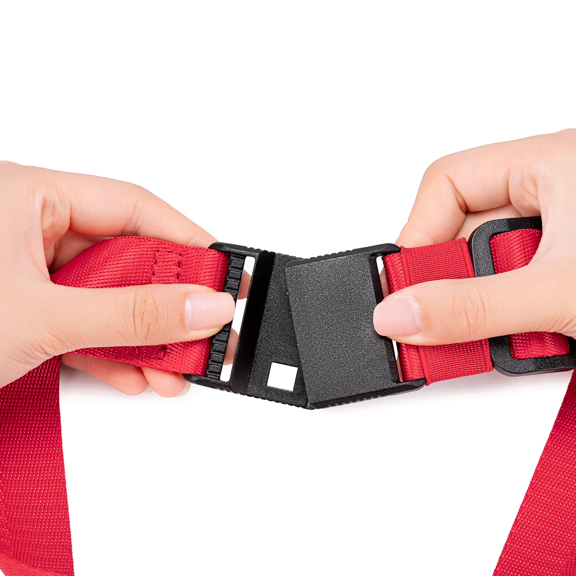 Cardinal Red belt with a buckle being adjusted by hands.