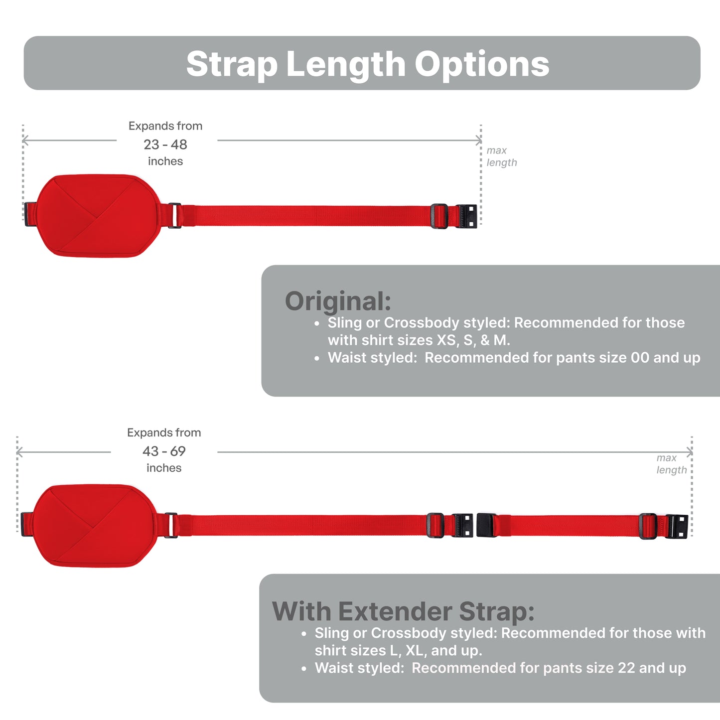 Strap length options diagram with Cardinal Red  straps and measurements.