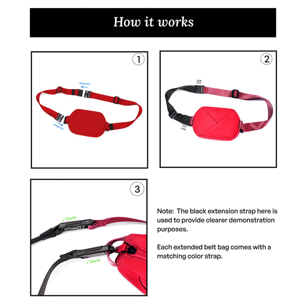 Instructions on how to use a Cardinal Red belt bag with extension straps.