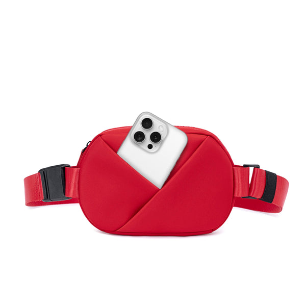 Cardinal Red  waist bag with a phone inside.