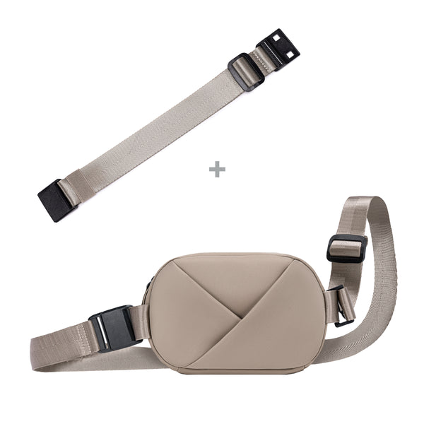 Champagne Taupe waist bag with adjustable strap.