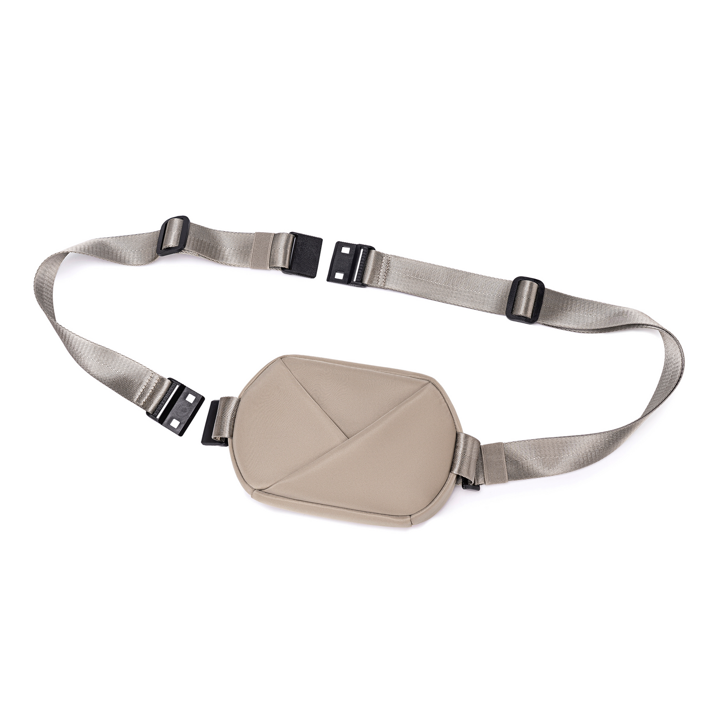 Champagne Taupe waist bag with a strap.