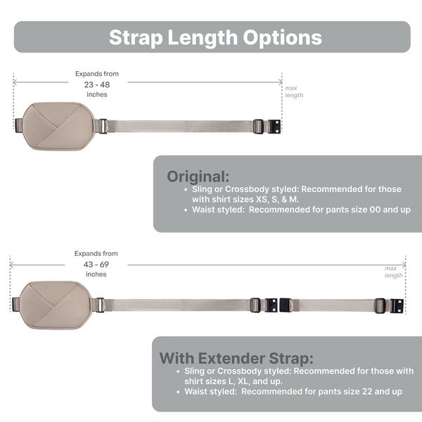 Champagne Taupe Strap length options diagram with belt and extender strap
