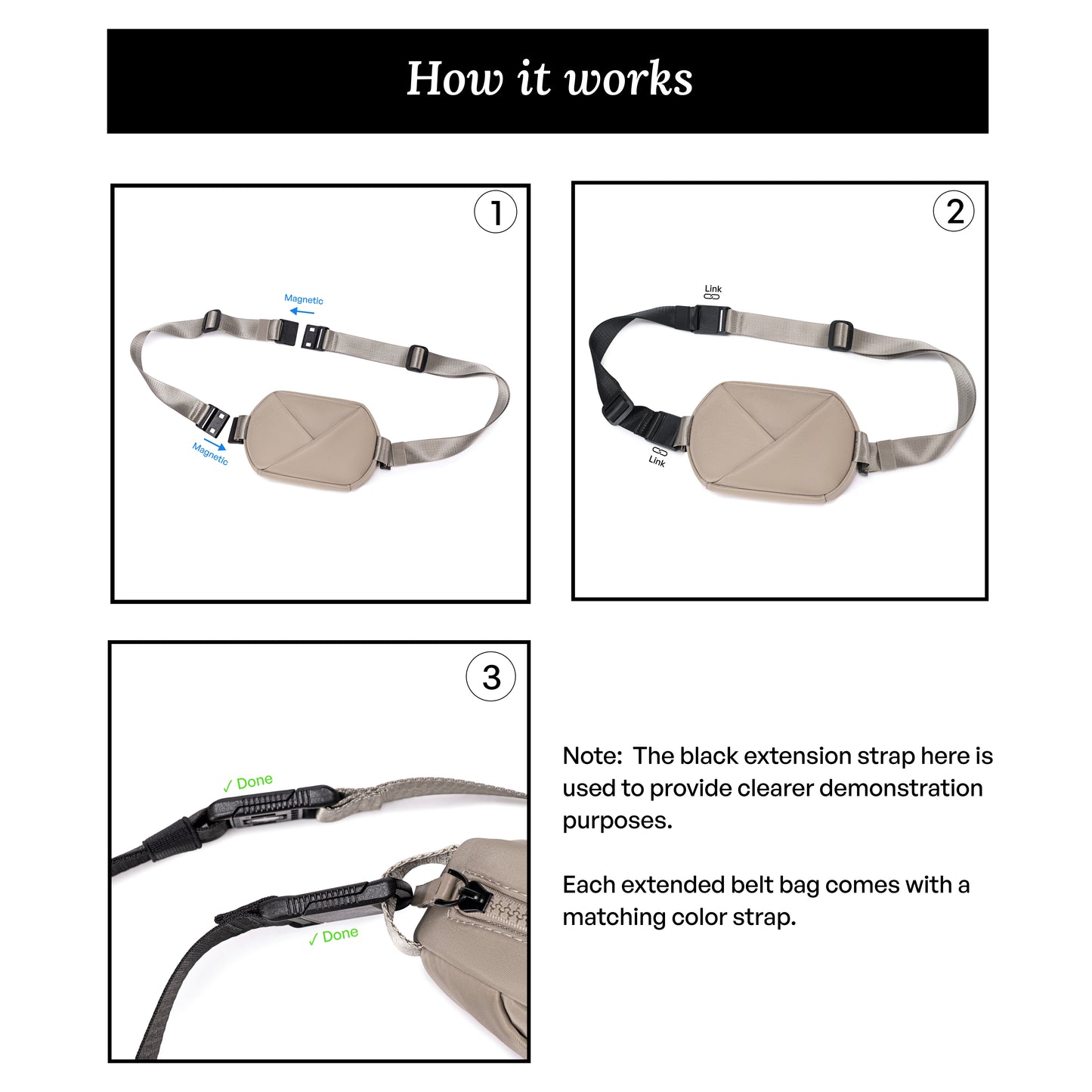 Instructions on how to use a Champagne Taupe belt bag with an extension strap, showing three steps.