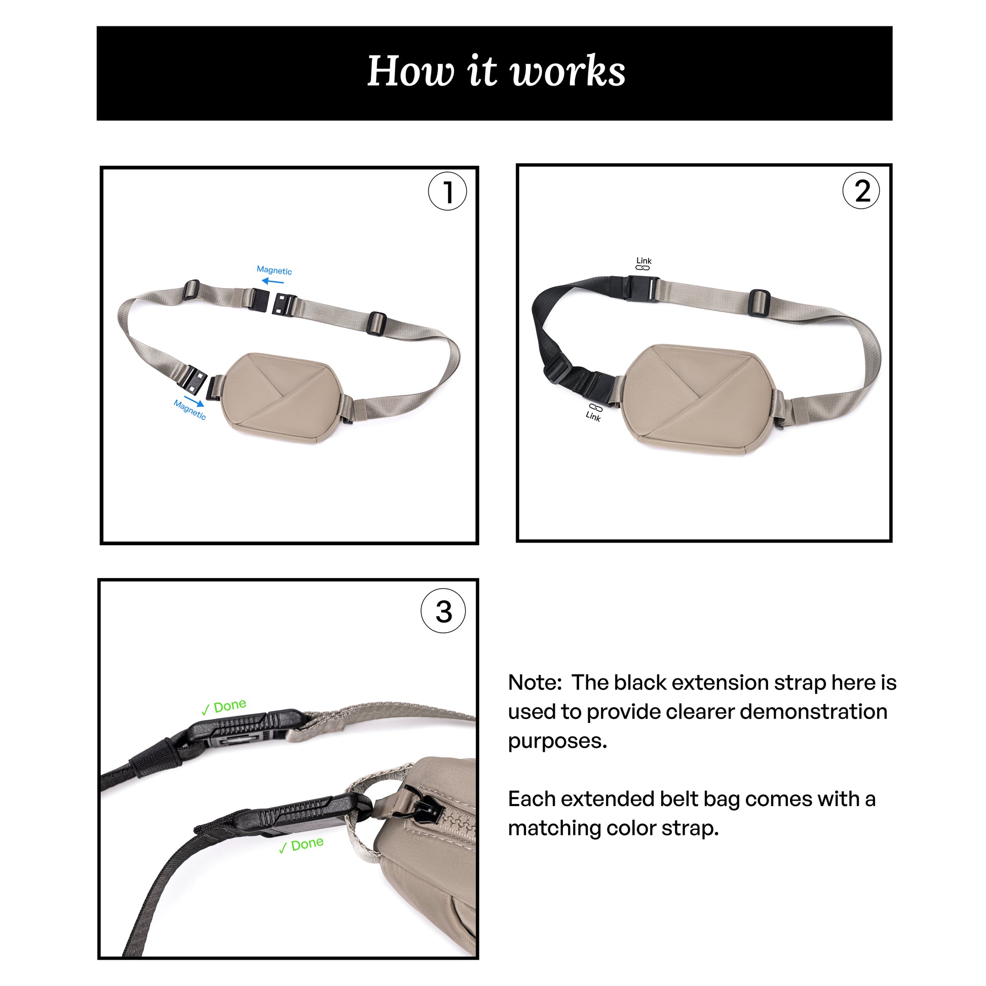 Instructions on how to use a Champagne Taupe belt bag with an extension strap, showing three steps.