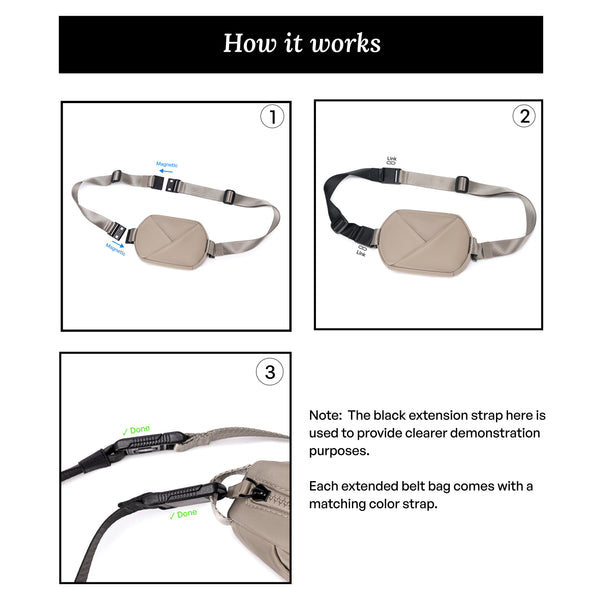 Instructions on how to use a Champagne Taupe belt bag with an extension strap, showing three steps.