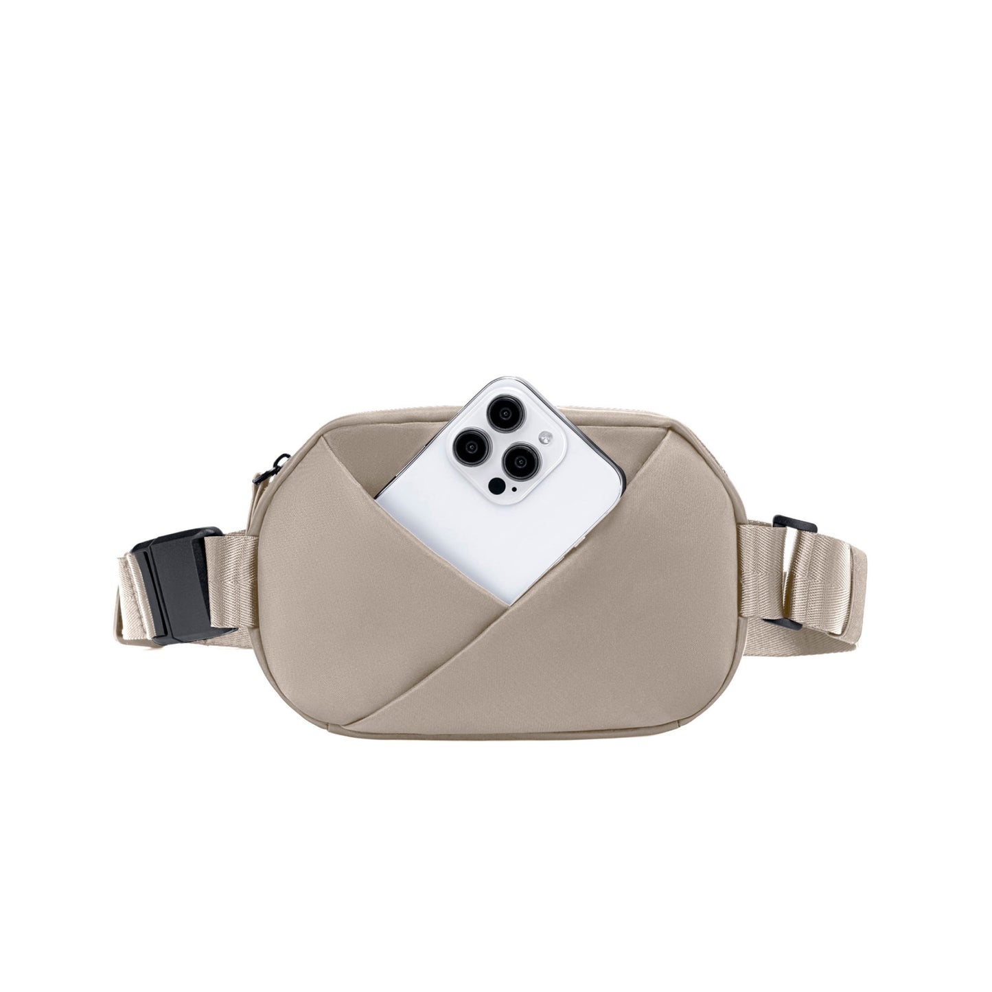 Champagne Taupe waist bag with a phone inside.
