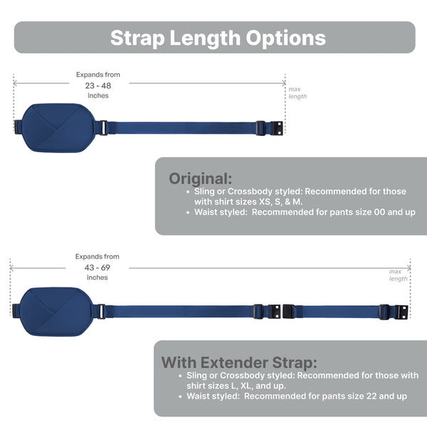 Strap length options diagram with Navy blue waist bag and measurements.