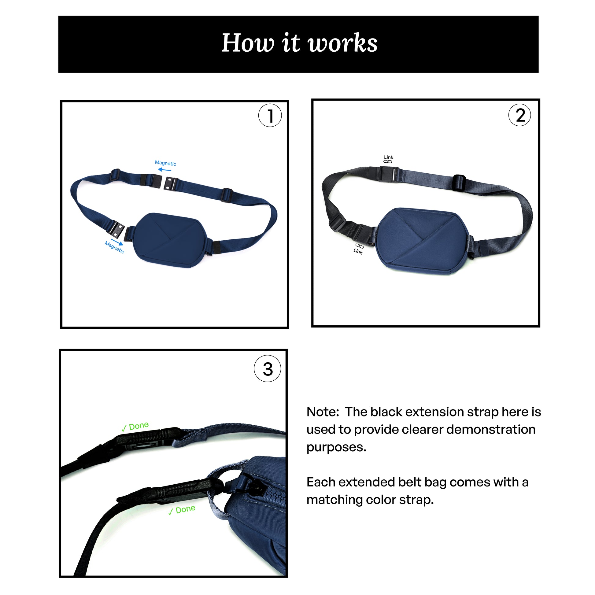 Instructions on how to use a Navy blue belt bag with  extension straps.