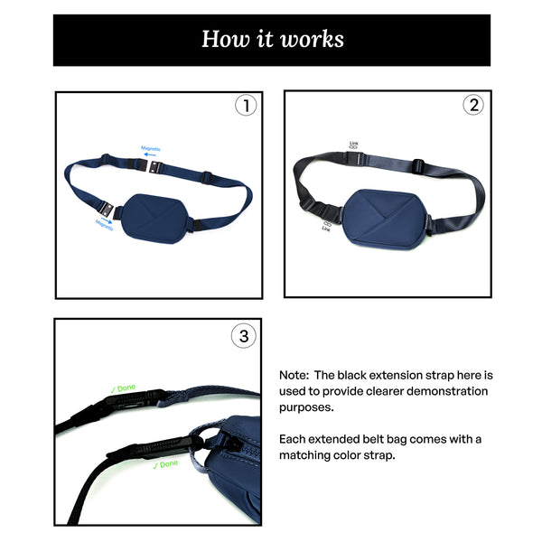 Instructions on how to use a Navy blue belt bag with  extension straps.
