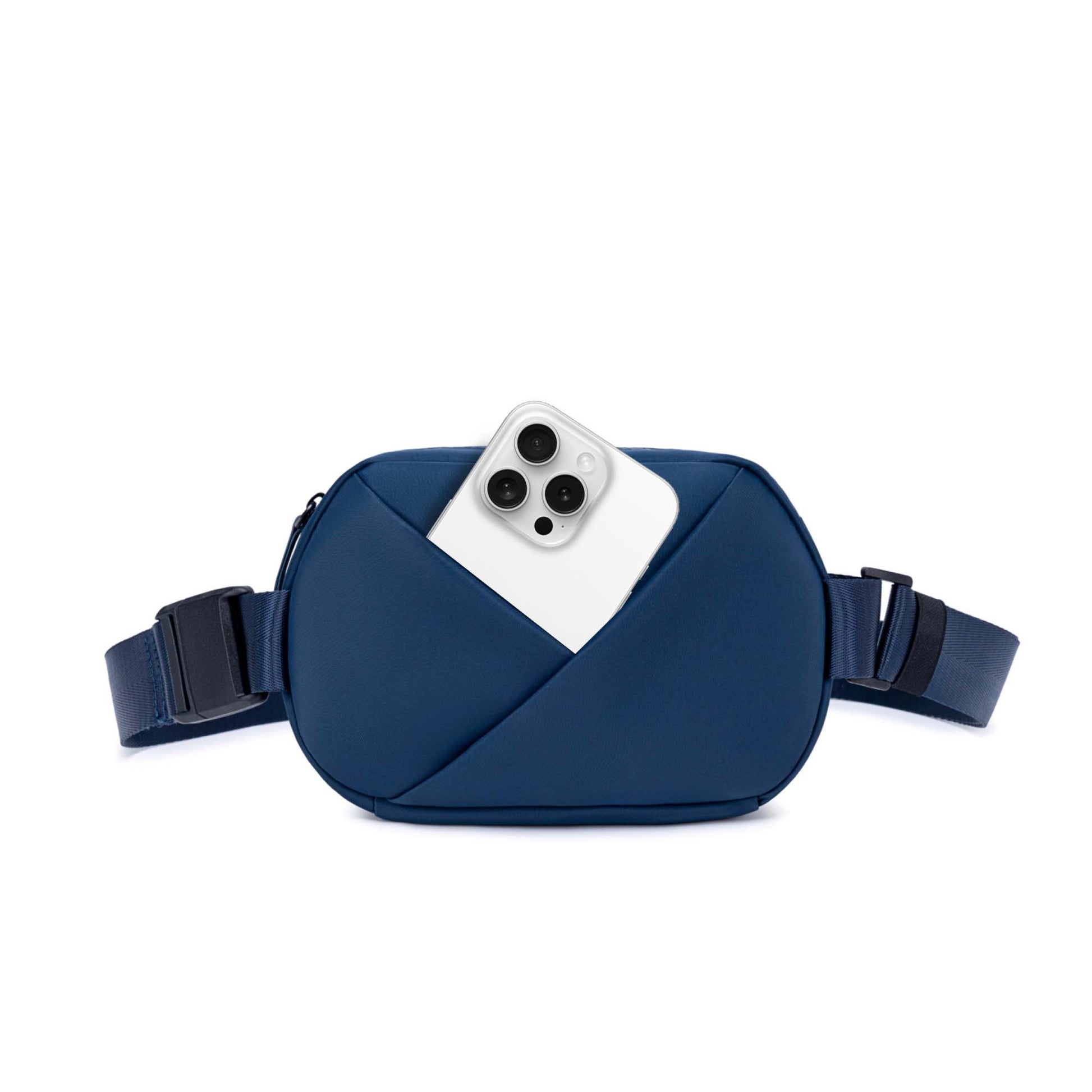Navy Blue fanny pack with a phone case.