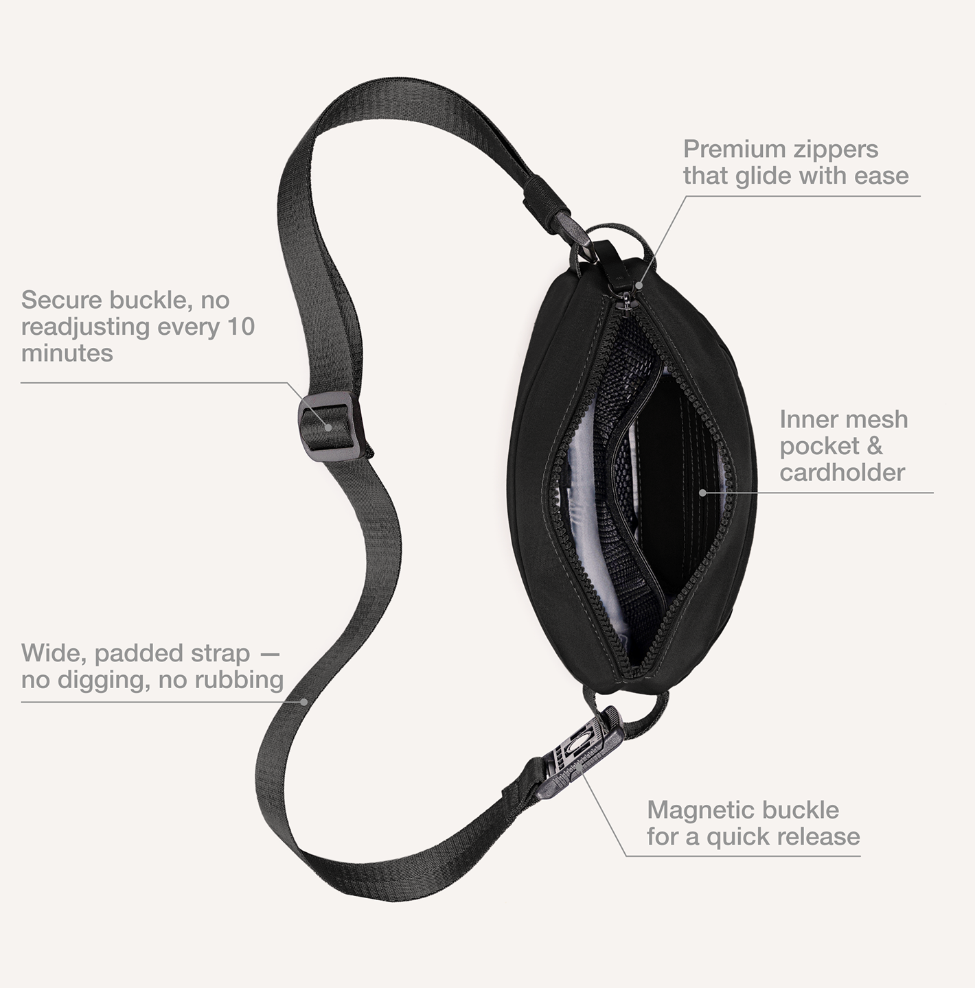 Black pouch with features highlighted on a white background