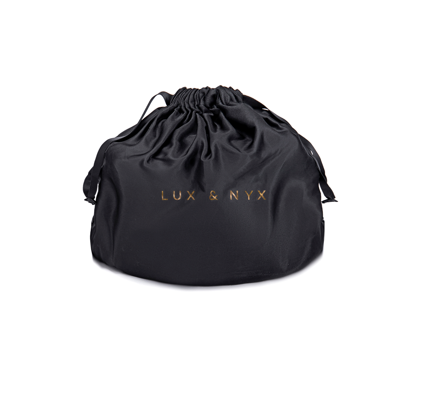 Black drawstring bag with 'LUX & NYX' branding on a white background