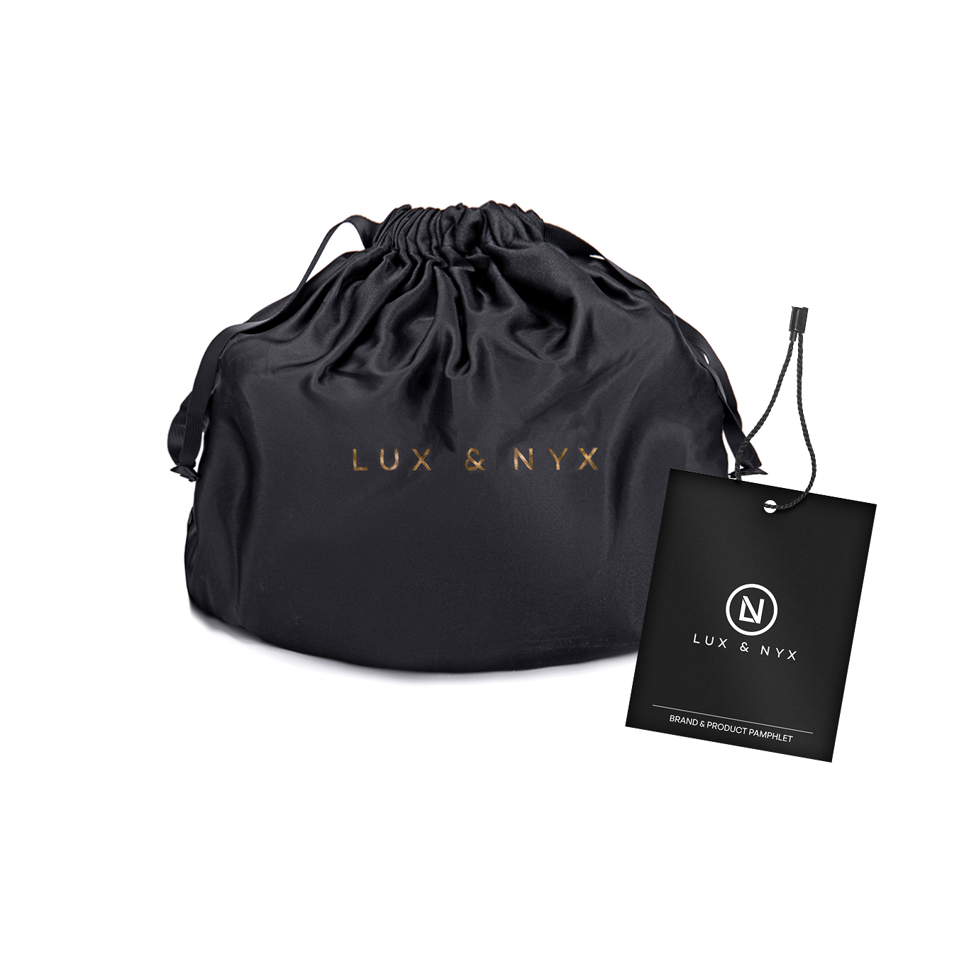 Black drawstring bag with 'LUX & NYX' branding on a white background