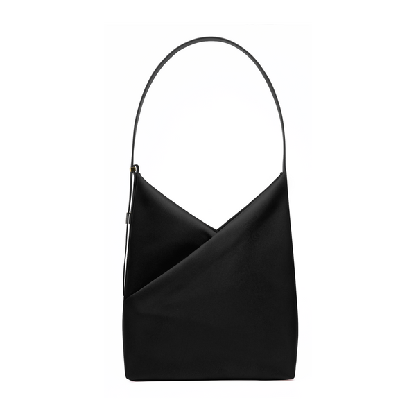 Lux & Nyx Origami Hobo Bag in black, front view, showing the signature geometric origami fold and single curved shoulder handle.