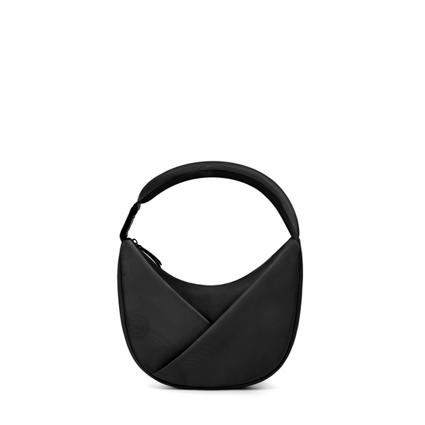 Lux & Nyx Origami Crescent bag in Black. Moon shaped bag that features an origami front pocket in its alternate use as a shoulder bag.