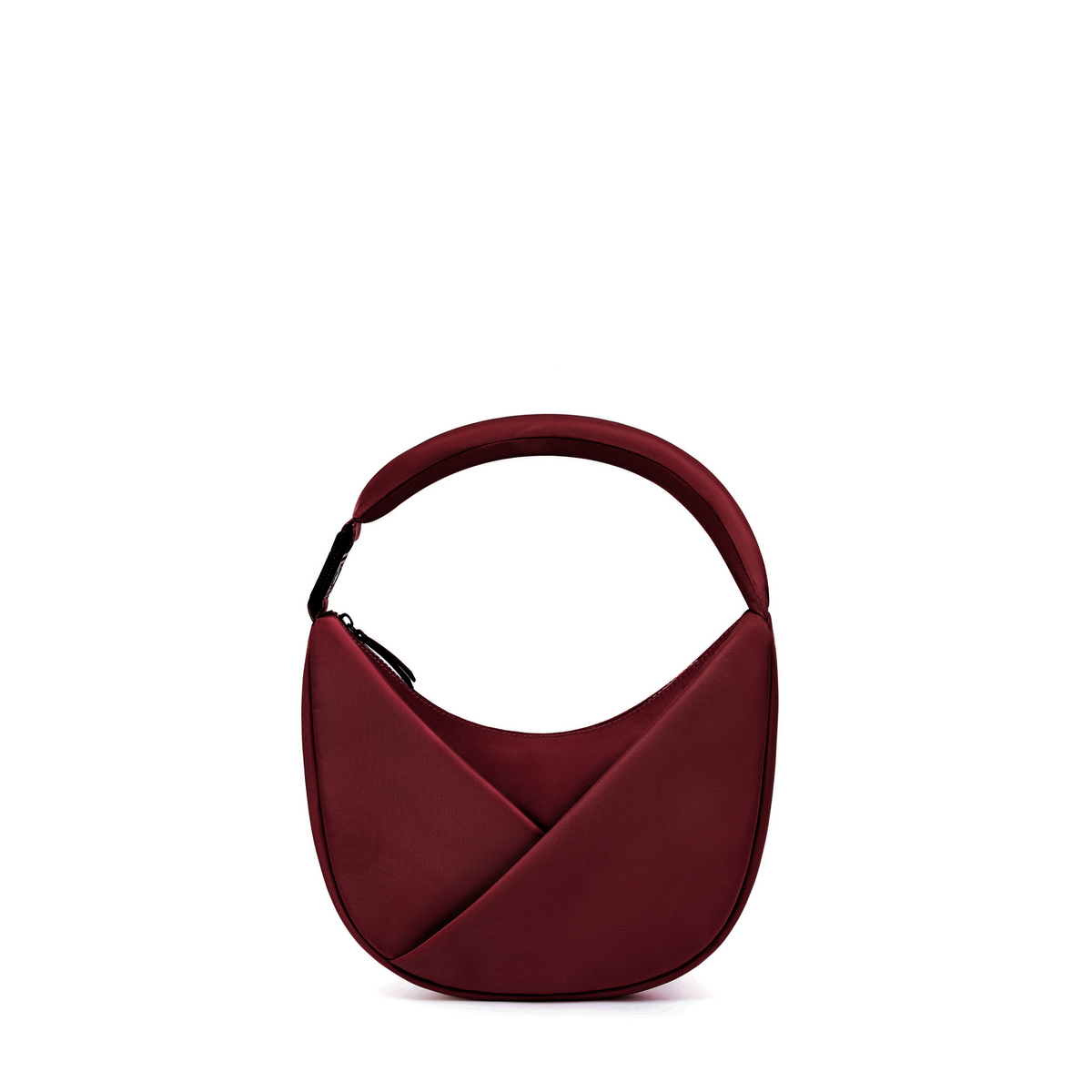 Lux & Nyx Origami Crescent bag in Burgundy. Moon shaped bag that features an origami front pocket in its alternate use as a shoulder bag.