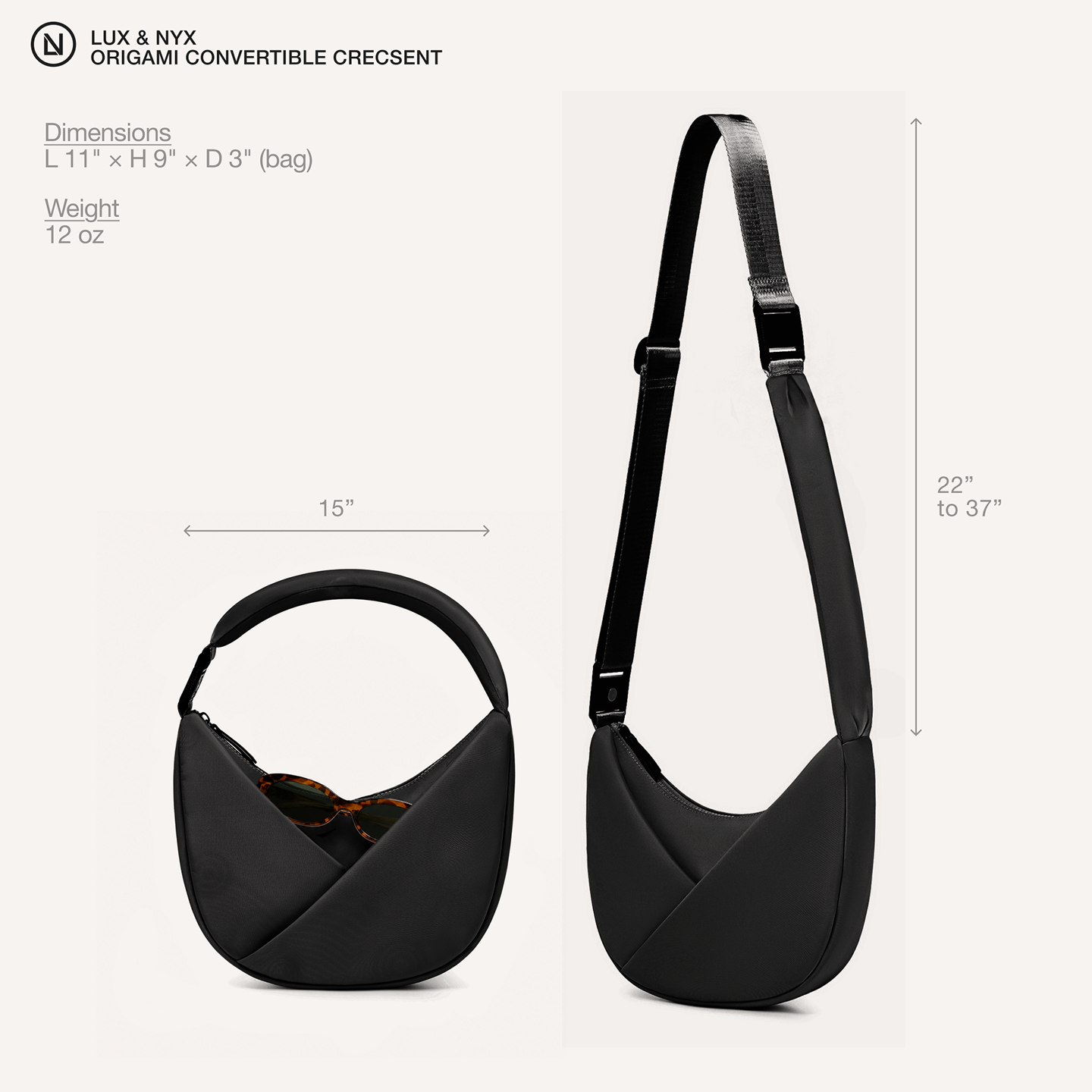 Black convertible crescent bag with measurements on a white background
