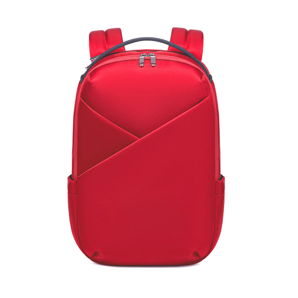 Cardinal Red backpack with 'Lux & Nyx' branding  - Front view