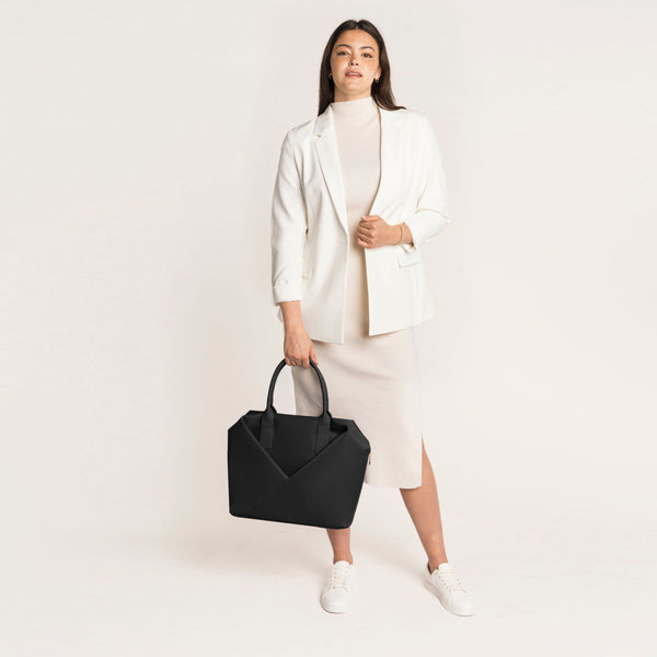 Lux & Nyx Large Origami Tote Ultra Matte - 15" Laptop Tote With Luggage Sleeve - Black + Gold Hardware