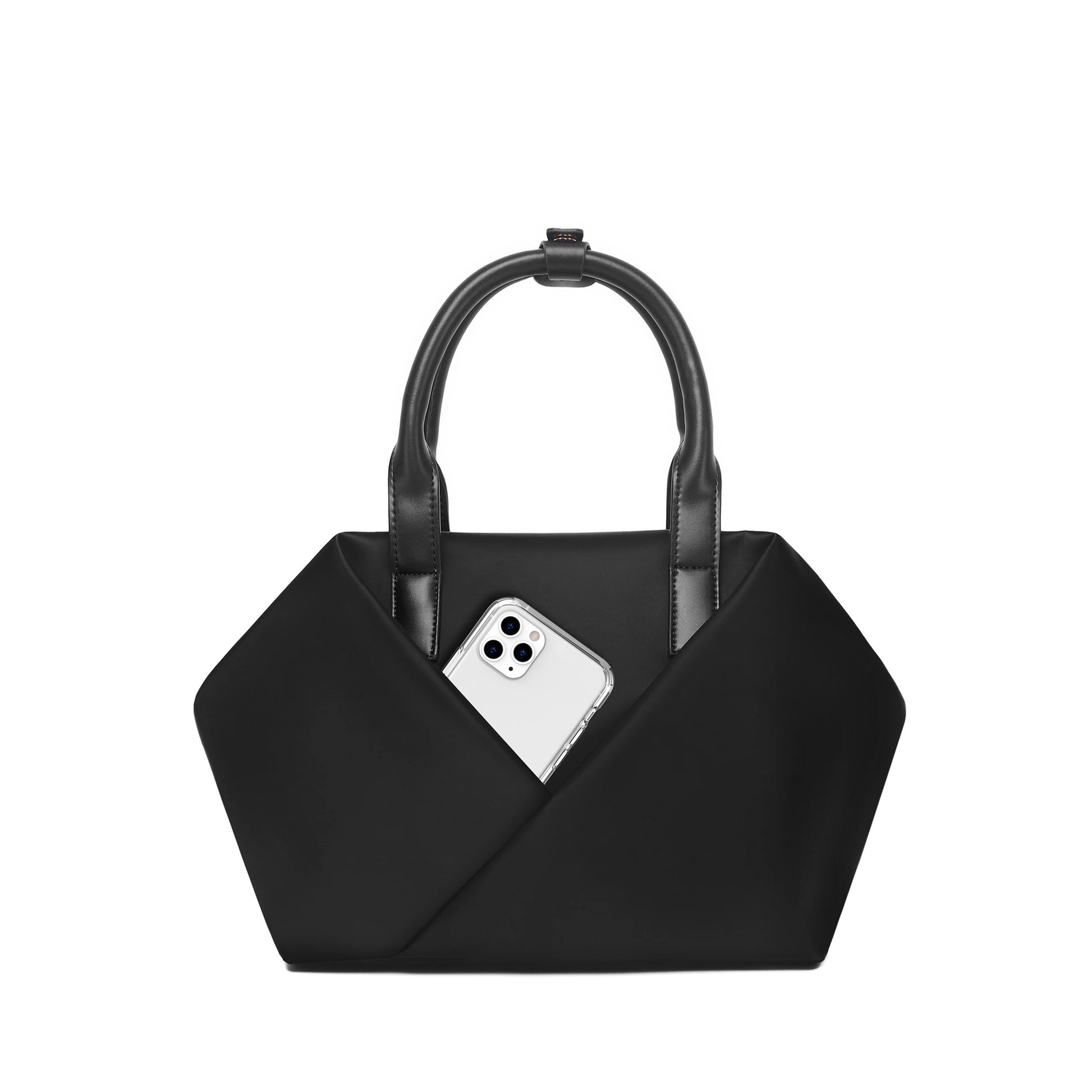 A Black + Gold Hardware handbag front view image.