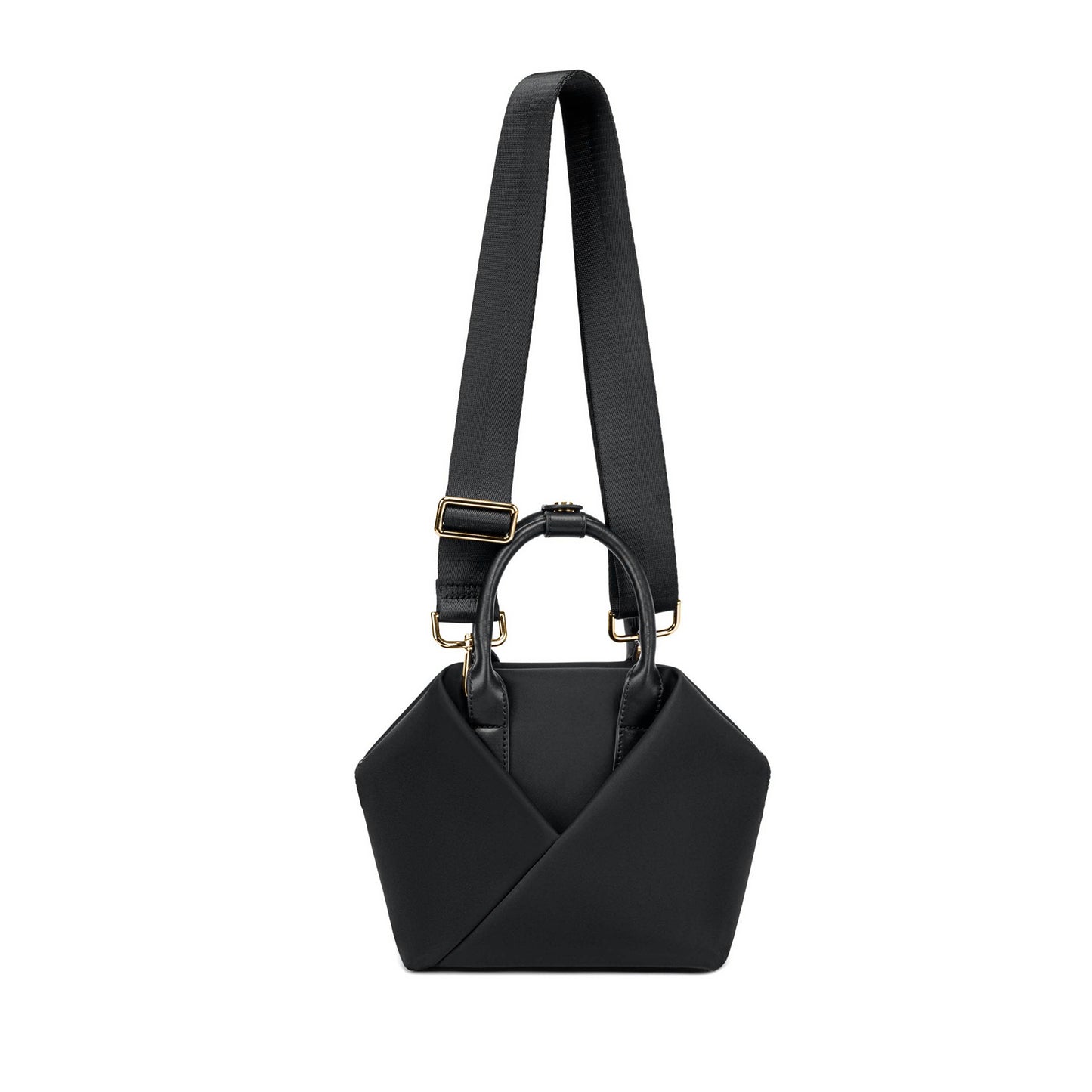 Black + Gold Hardware handbag with a strap.