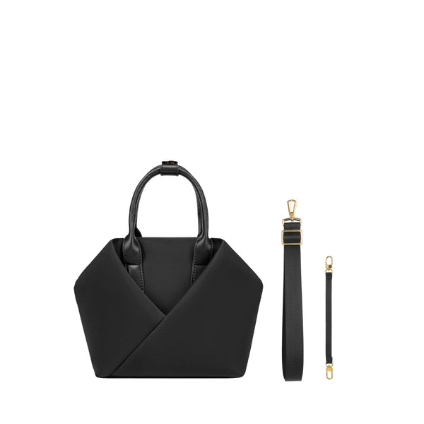 Black + Gold Hardware handbag with a detachable strap.