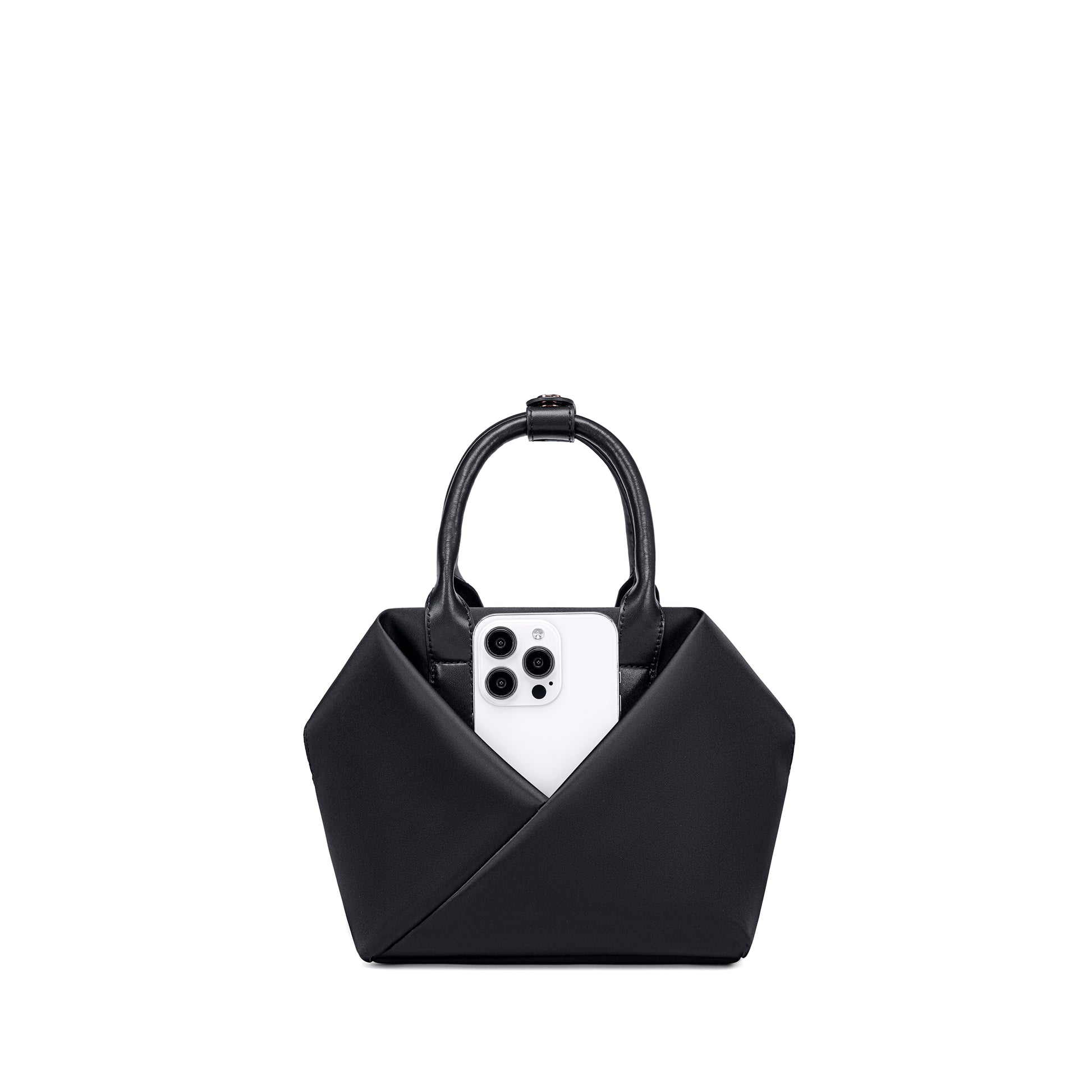 Black + Gold Hardware & Black + Silver Hardware handbag with a phone inside.