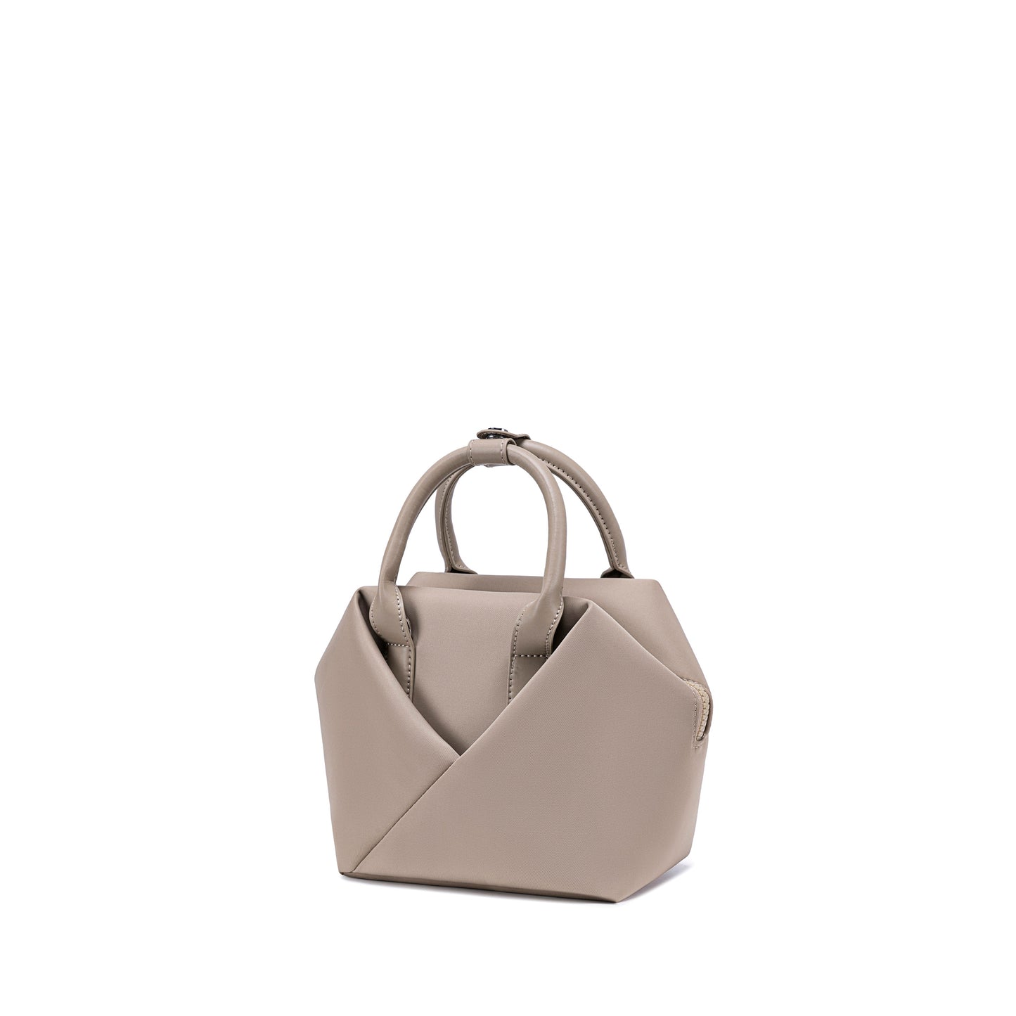 Champagne Taupe handbag with a unique design - Corner view.