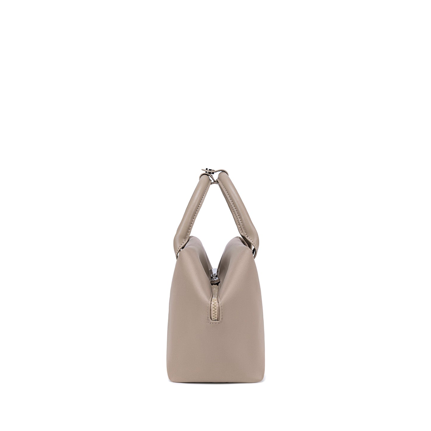 Champagne Taupe handbag with a unique design - Side view.