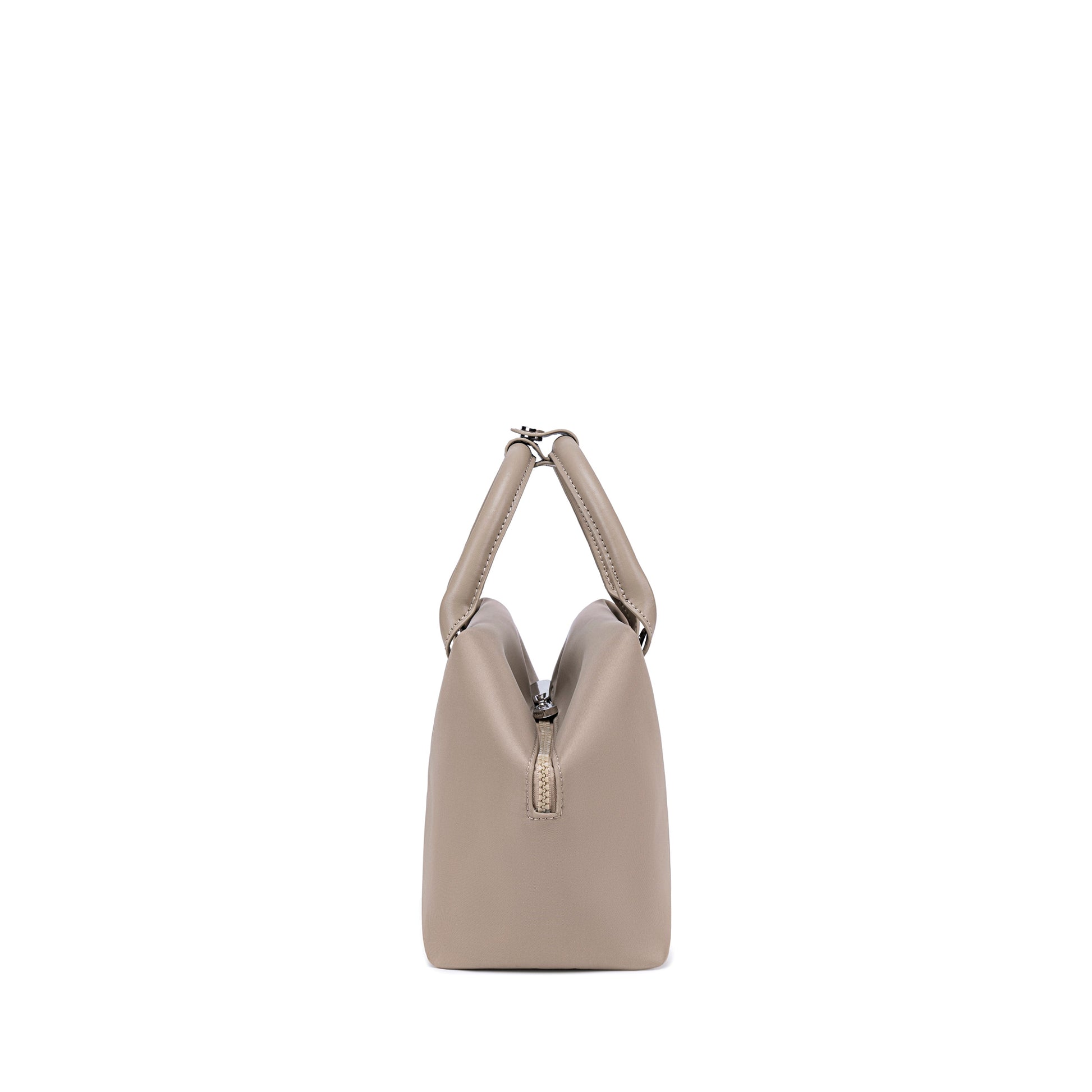 Champagne Taupe handbag with a unique design - Side view.