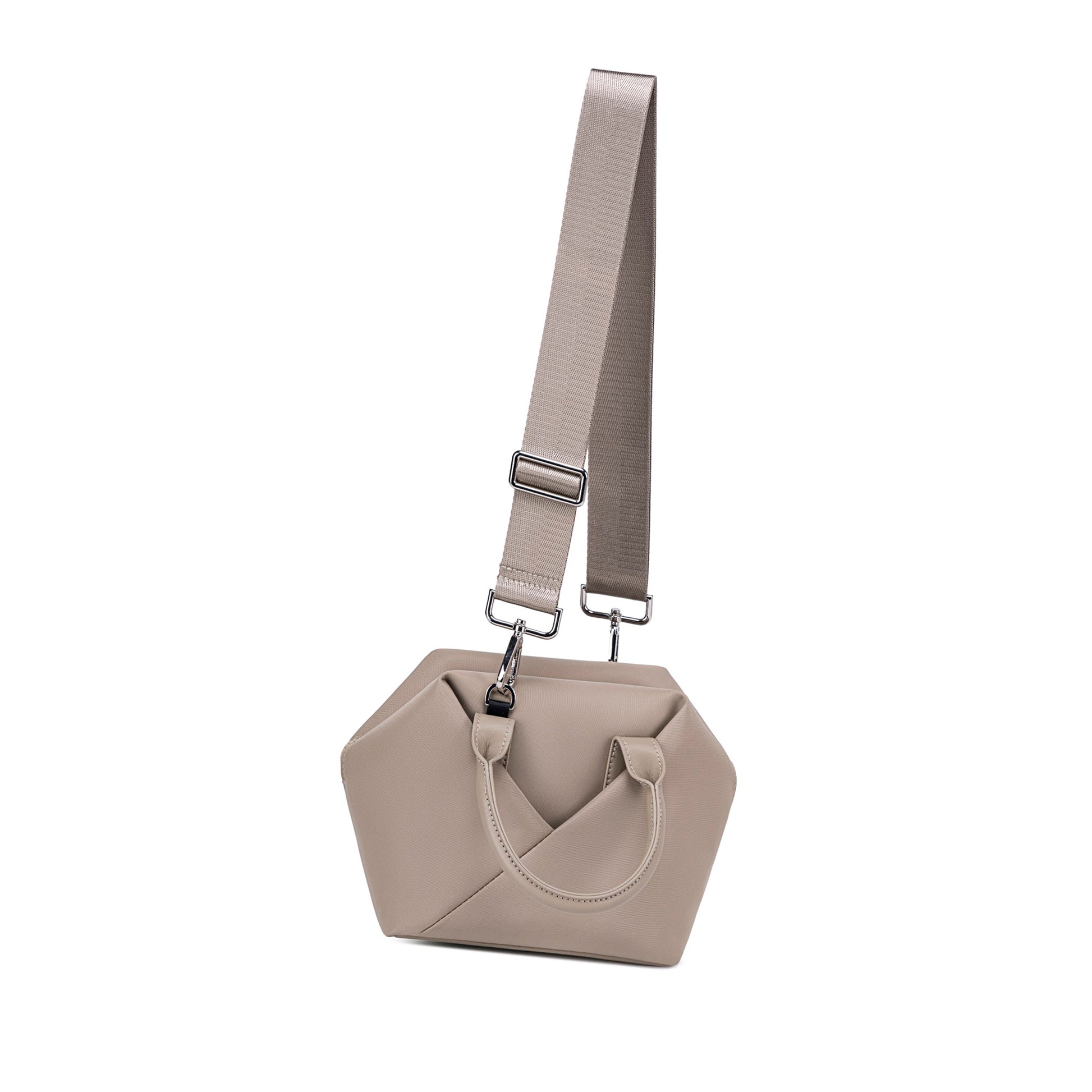 Champagne Taupe handbag with a strap on a white background