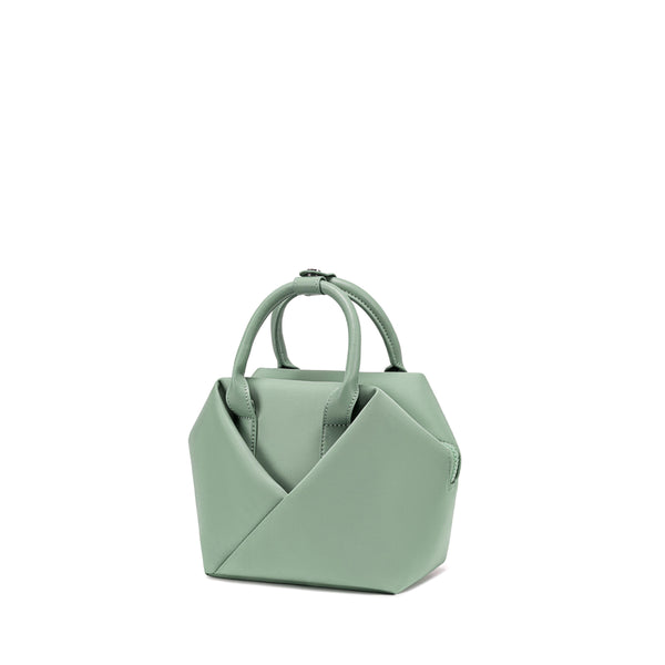 Sage Green handbag with a unique geometric - Corner View.