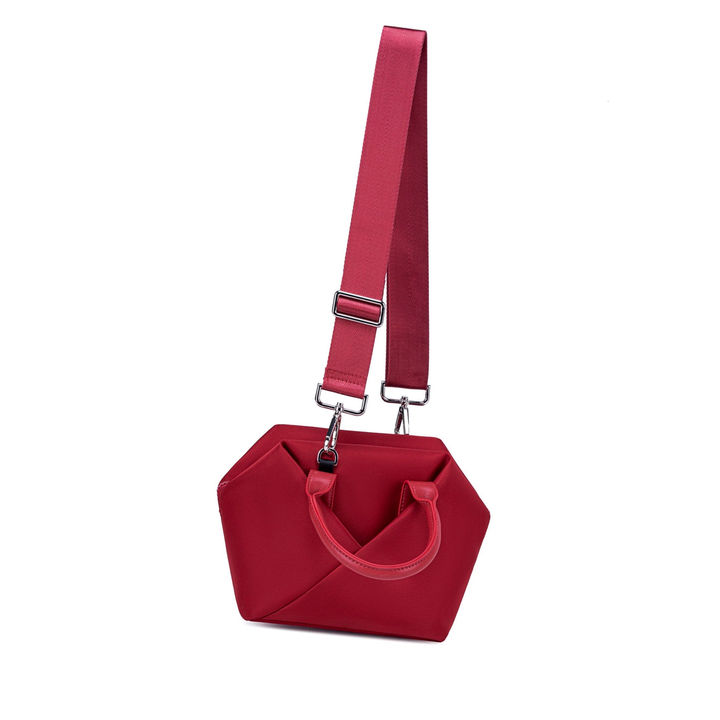 Crimson handbag with a matching strap.