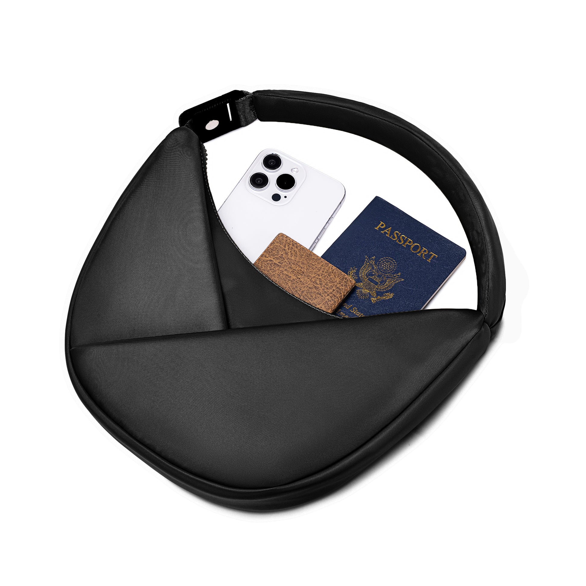 Black circular pouch with phone, card, and passport inside on a white background